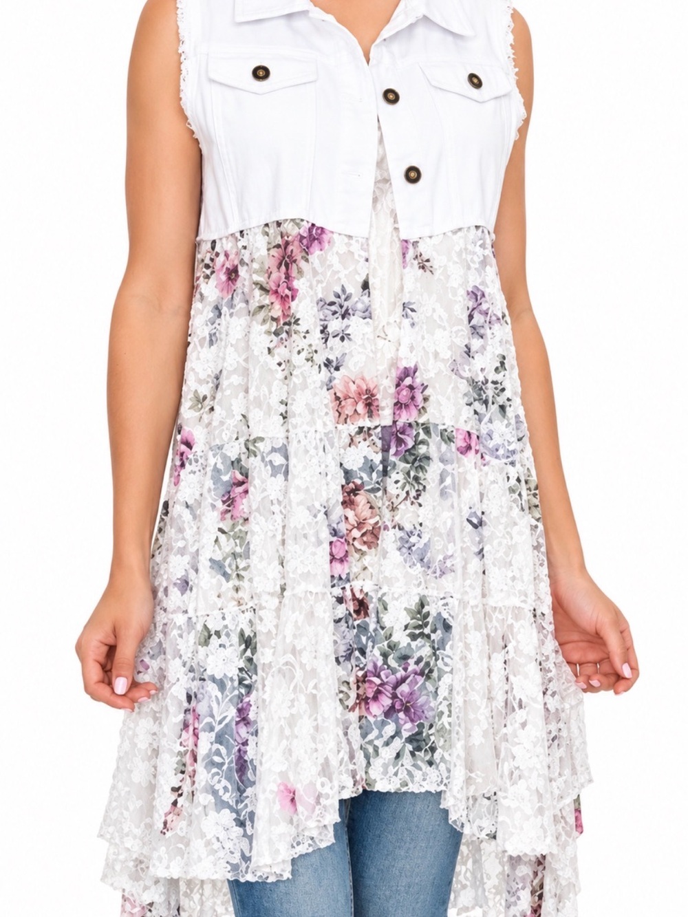 Origami by Vivien White Floral Lace High-Low Tunic Vest Plus Size 1X Boho Hippie